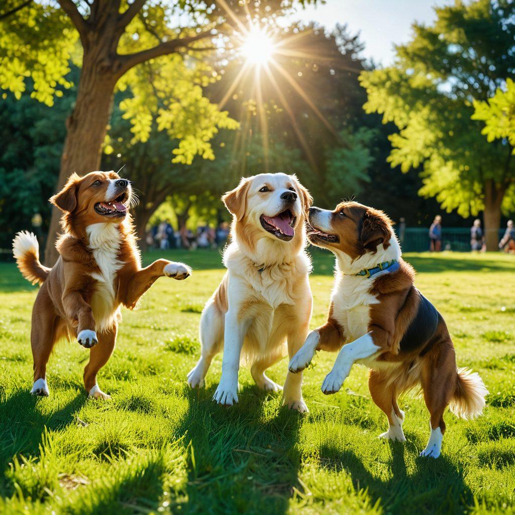 A collage of happy dogs playing in a sunlit park, showcasing different breeds with joyful expressions, some fetching balls, others tumbling around with children. Vibrant greenery surrounds them, highlighting the bond between dogs and their owners. Include heartwarming moments like a dog giving a paw to a smiling child. super-realistic. vibrant colors. warm sunlight.