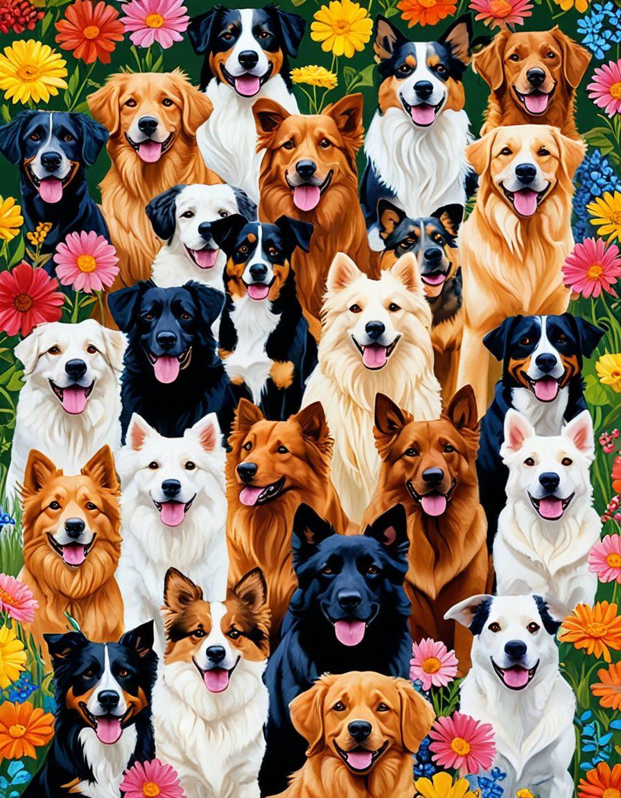 A colorful collage of various dog breeds, each depicted in stunning detail, showcasing their unique features and personalities. Include playful expressions, diverse poses, and different fur textures, set against a cheerful, sunny park background. Incorporate vibrant flowers and playful elements like balls and frisbees to enhance the positive vibe. The overall atmosphere should radiate joy and diversity among the breeds. super-realistic. vibrant colors. sunny background.